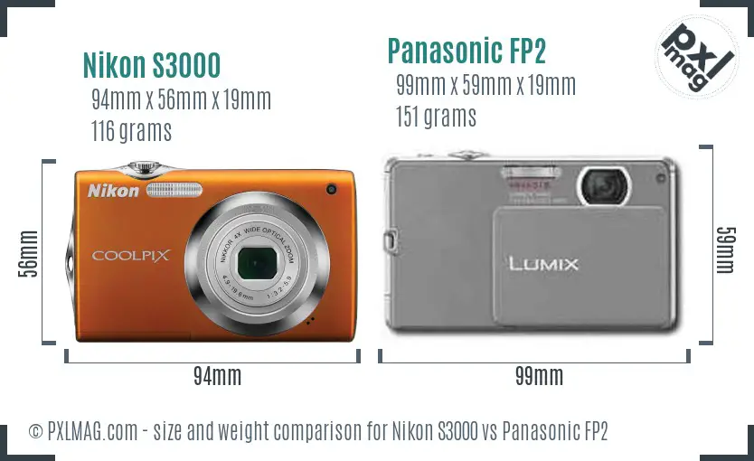 Nikon S3000 vs Panasonic FP2 size comparison Nikon S3000 vs Panasonic FP2 size comparison