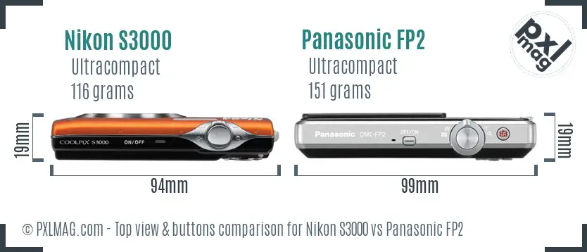 Nikon S3000 vs Panasonic FP2 top view buttons comparison Nikon S3000 vs Panasonic FP2 top view buttons comparison