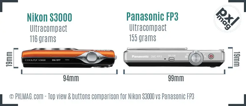 Nikon S3000 vs Panasonic FP3 top view buttons comparison