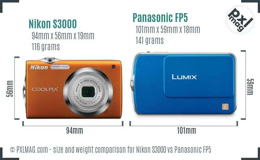 Nikon S3000 vs Panasonic FP5 size comparison