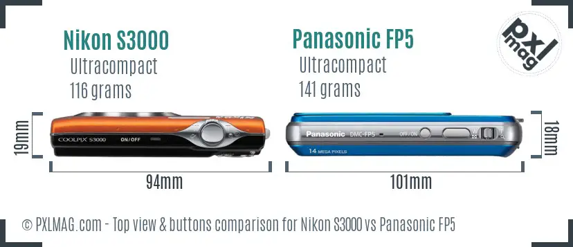 Nikon S3000 vs Panasonic FP5 top view buttons comparison