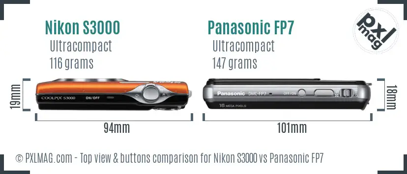 Nikon S3000 vs Panasonic FP7 top view buttons comparison