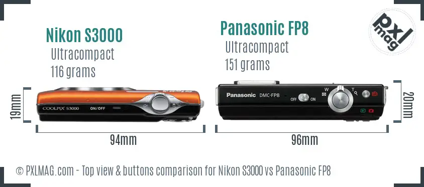 Nikon S3000 vs Panasonic FP8 top view buttons comparison