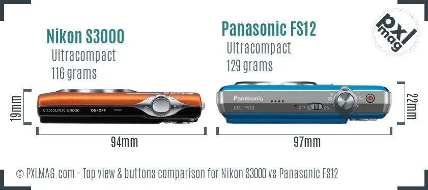 Nikon S3000 vs Panasonic FS12 top view buttons comparison