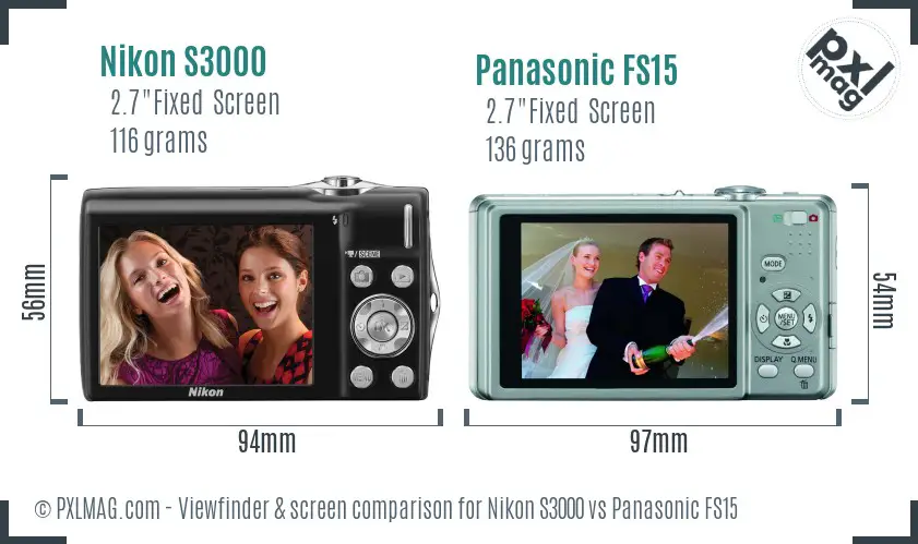 Nikon S3000 vs Panasonic FS15 Screen and Viewfinder comparison