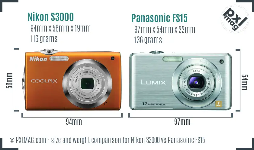 Nikon S3000 vs Panasonic FS15 size comparison