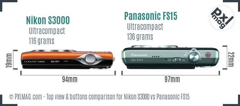 Nikon S3000 vs Panasonic FS15 top view buttons comparison