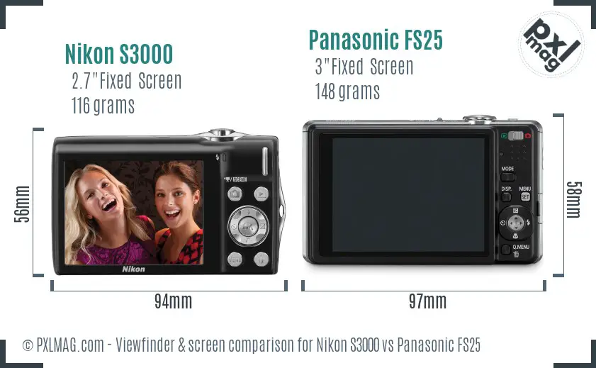 Nikon S3000 vs Panasonic FS25 Screen and Viewfinder comparison