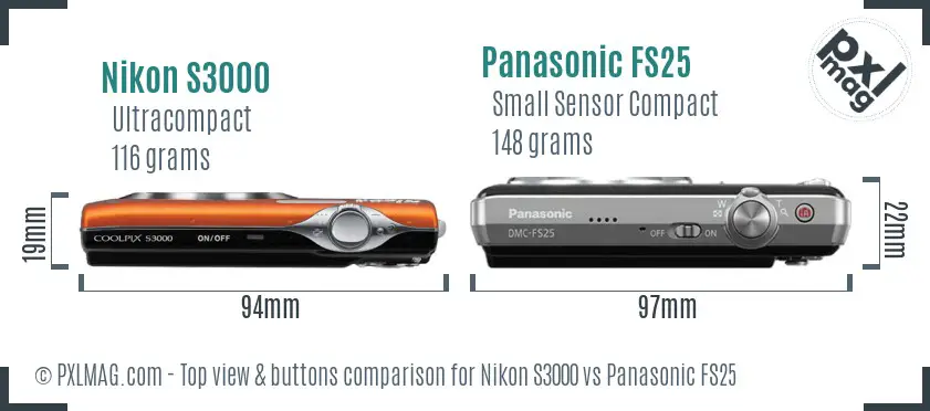 Nikon S3000 vs Panasonic FS25 top view buttons comparison
