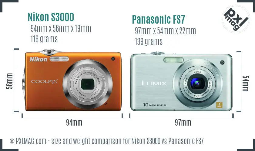 Nikon S3000 vs Panasonic FS7 size comparison