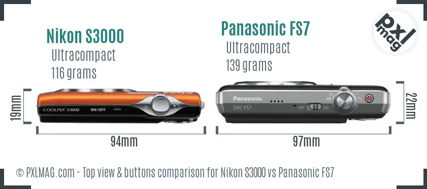 Nikon S3000 vs Panasonic FS7 top view buttons comparison