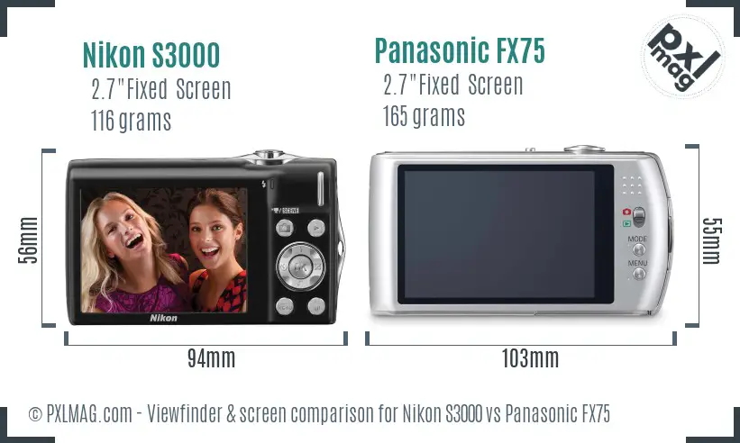 Nikon S3000 vs Panasonic FX75 Screen and Viewfinder comparison