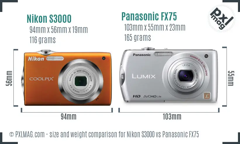 Nikon S3000 vs Panasonic FX75 size comparison