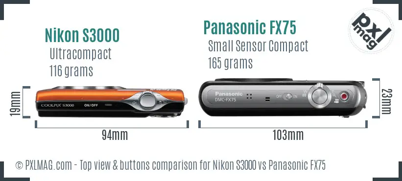 Nikon S3000 vs Panasonic FX75 top view buttons comparison