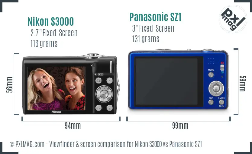 Nikon S3000 vs Panasonic SZ1 Screen and Viewfinder comparison