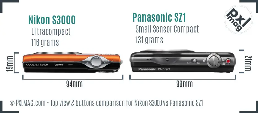 Nikon S3000 vs Panasonic SZ1 top view buttons comparison
