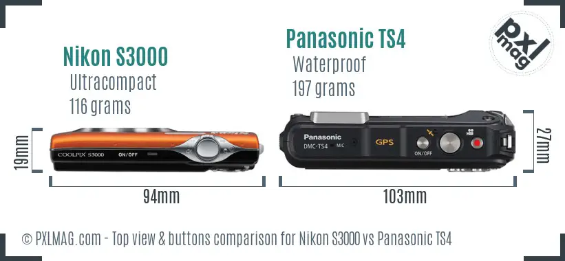 Nikon S3000 vs Panasonic TS4 top view buttons comparison