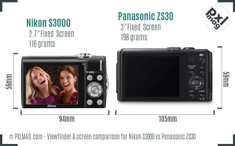 Nikon S3000 vs Panasonic ZS30 Screen and Viewfinder comparison