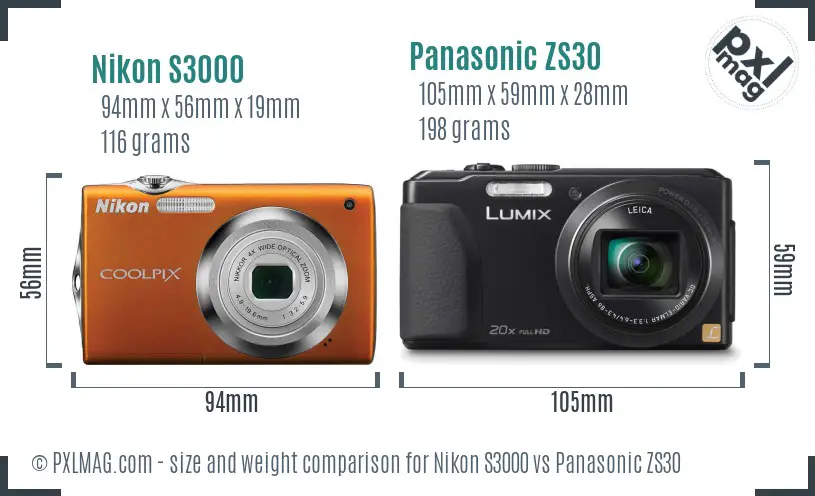 Nikon S3000 vs Panasonic ZS30 size comparison