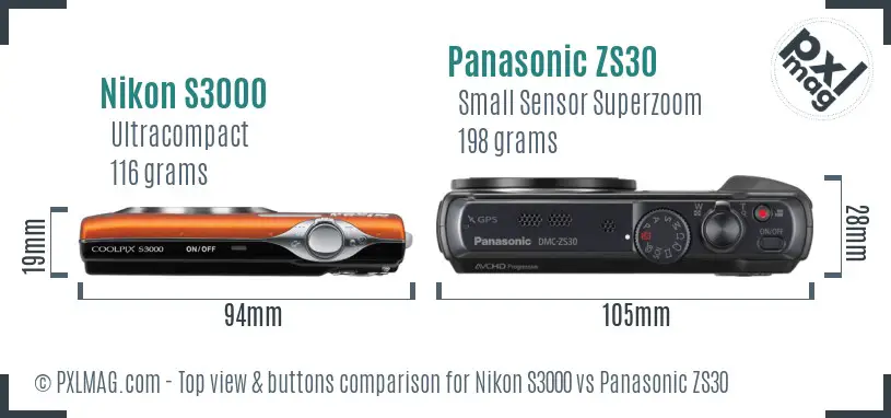 Nikon S3000 vs Panasonic ZS30 top view buttons comparison