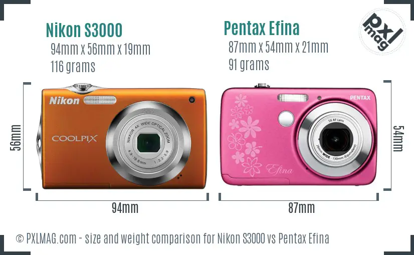 Nikon S3000 vs Pentax Efina size comparison