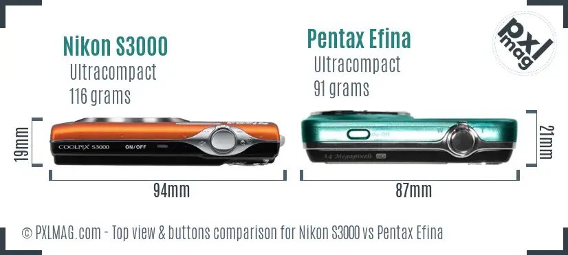 Nikon S3000 vs Pentax Efina top view buttons comparison