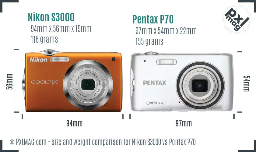 Nikon S3000 vs Pentax P70 size comparison