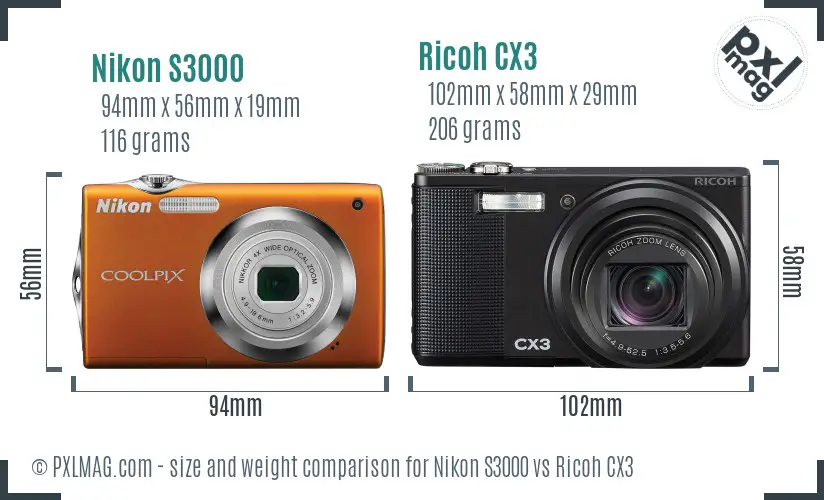 Nikon S3000 vs Ricoh CX3 size comparison