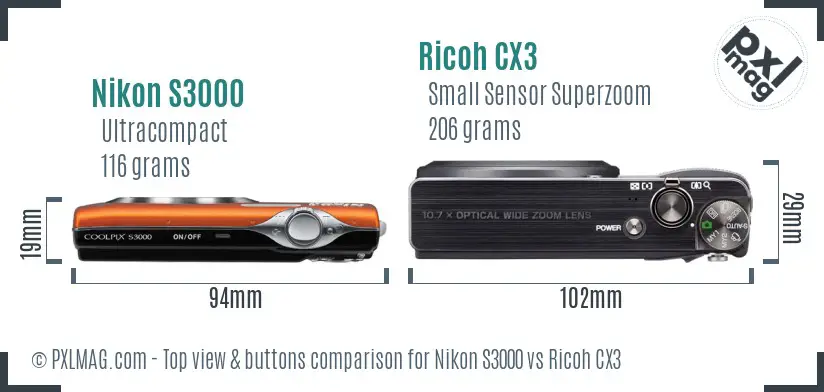Nikon S3000 vs Ricoh CX3 top view buttons comparison