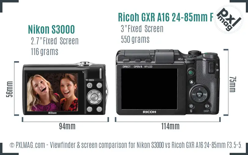 Nikon S3000 vs Ricoh GXR A16 24-85mm F3.5-5.5 Screen and Viewfinder comparison