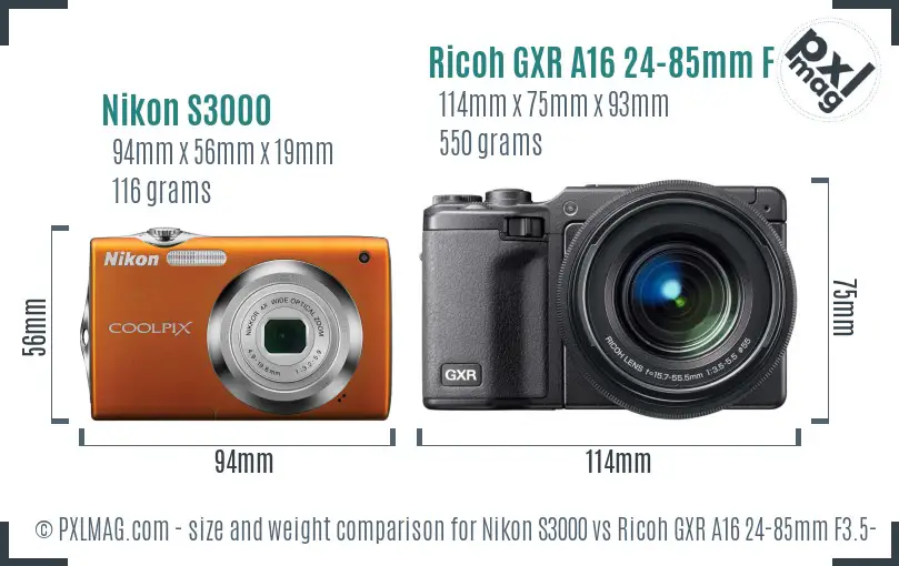 Nikon S3000 vs Ricoh GXR A16 24-85mm F3.5-5.5 size comparison