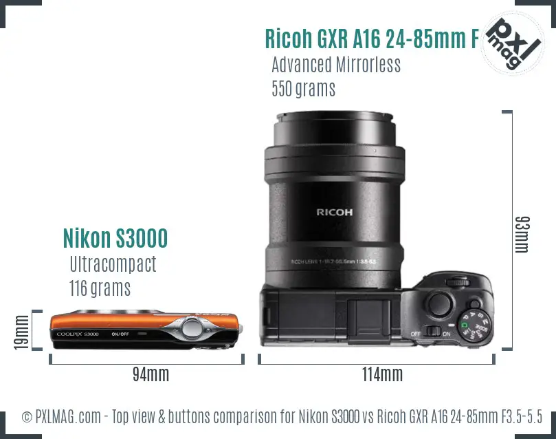 Nikon S3000 vs Ricoh GXR A16 24-85mm F3.5-5.5 top view buttons comparison