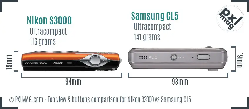 Nikon S3000 vs Samsung CL5 top view buttons comparison Nikon S3000 vs Samsung CL5 top view buttons comparison