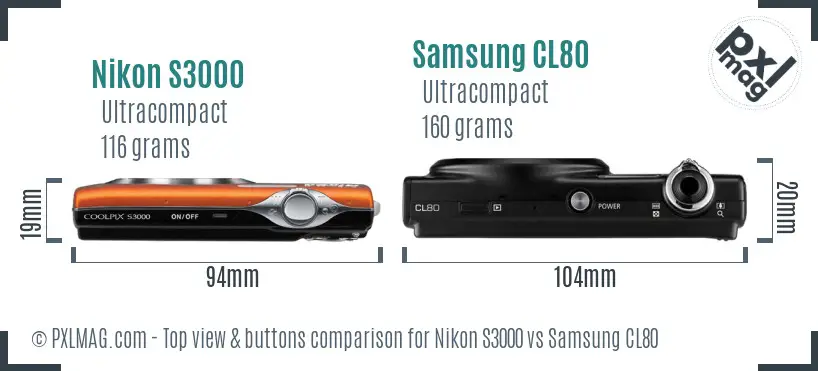 Nikon S3000 vs Samsung CL80 top view buttons comparison