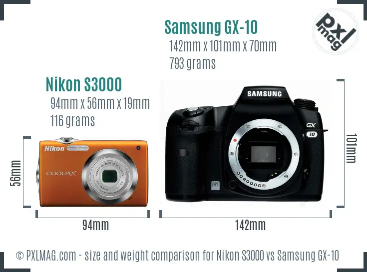 Nikon S3000 vs Samsung GX-10 size comparison