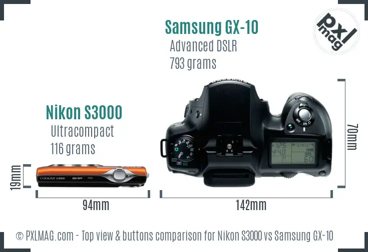 Nikon S3000 vs Samsung GX-10 top view buttons comparison