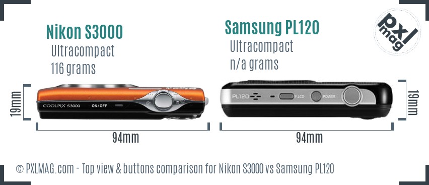 Nikon S3000 vs Samsung PL120 top view buttons comparison
