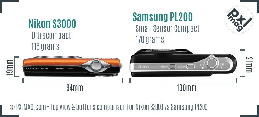 Nikon S3000 vs Samsung PL200 top view buttons comparison