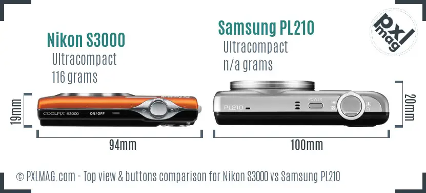 Nikon S3000 vs Samsung PL210 top view buttons comparison