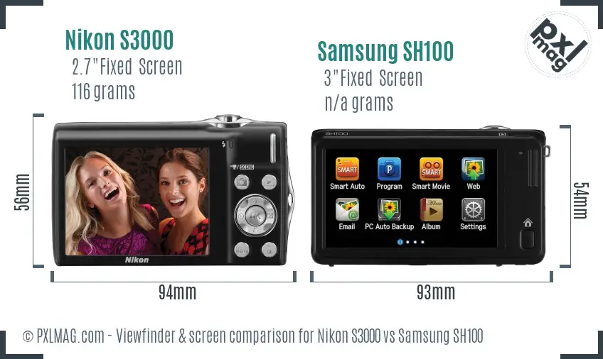 Nikon S3000 vs Samsung SH100 Screen and Viewfinder comparison