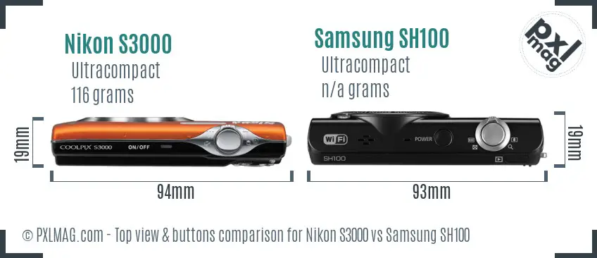 Nikon S3000 vs Samsung SH100 top view buttons comparison