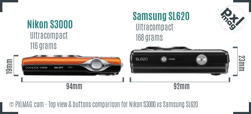 Nikon S3000 vs Samsung SL620 top view buttons comparison
