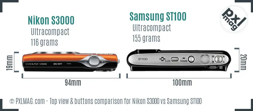 Nikon S3000 vs Samsung ST100 top view buttons comparison Nikon S3000 vs Samsung ST100 top view buttons comparison