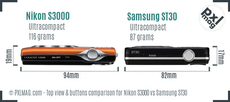 Nikon S3000 vs Samsung ST30 top view buttons comparison