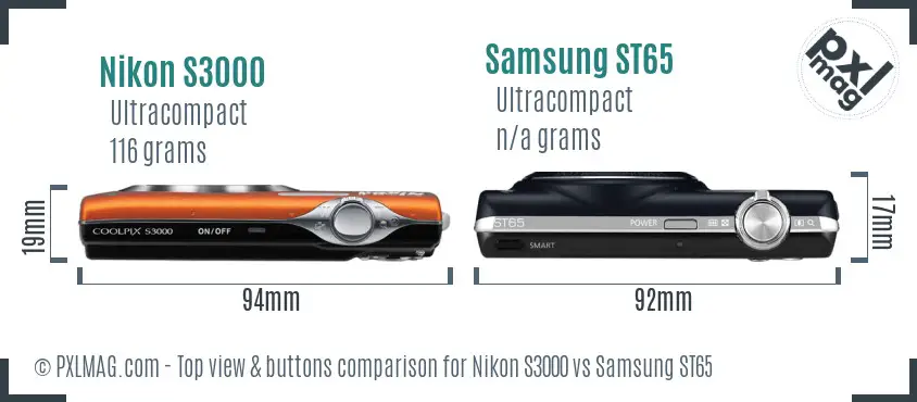 Nikon S3000 vs Samsung ST65 top view buttons comparison