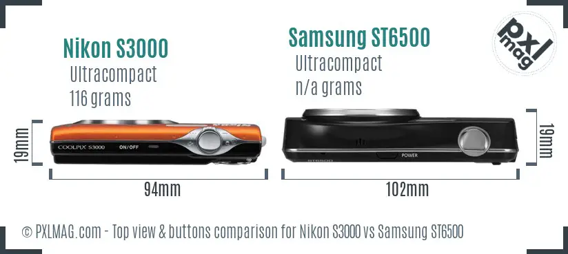Nikon S3000 vs Samsung ST6500 top view buttons comparison