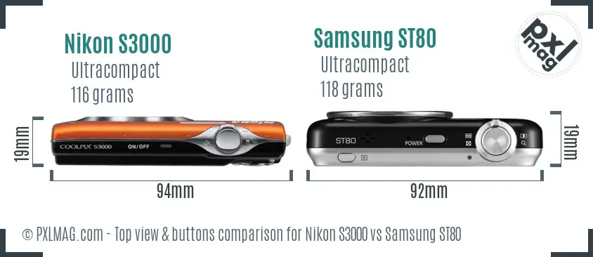 Nikon S3000 vs Samsung ST80 top view buttons comparison