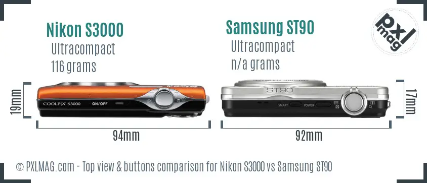 Nikon S3000 vs Samsung ST90 top view buttons comparison