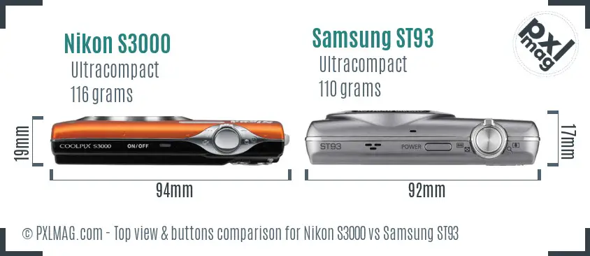 Nikon S3000 vs Samsung ST93 top view buttons comparison