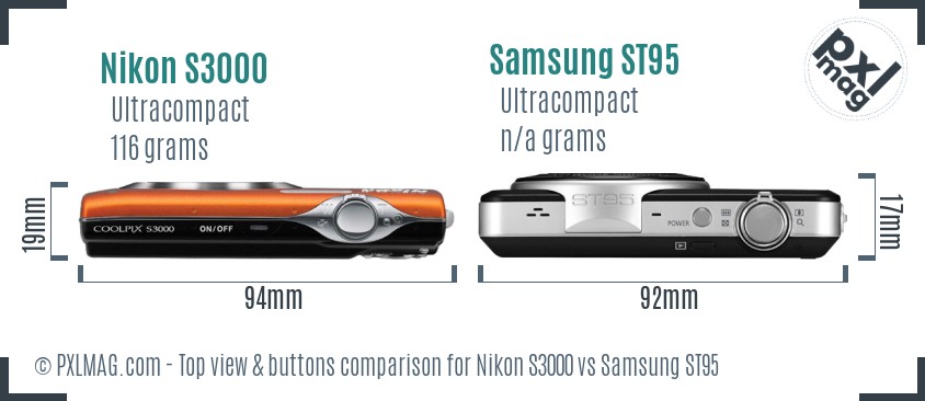 Nikon S3000 vs Samsung ST95 top view buttons comparison
